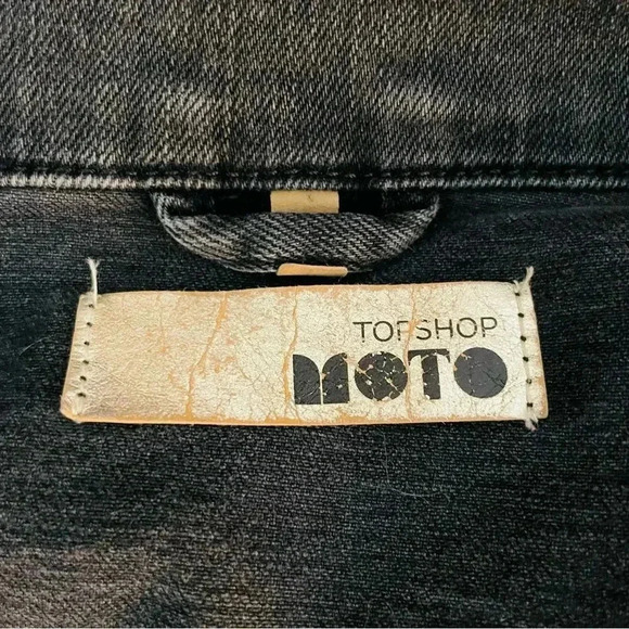 Topshop Embroidered Denim Jacket Jean Jacket Moto Washed Black Rough Edge - Picture 7 of 9